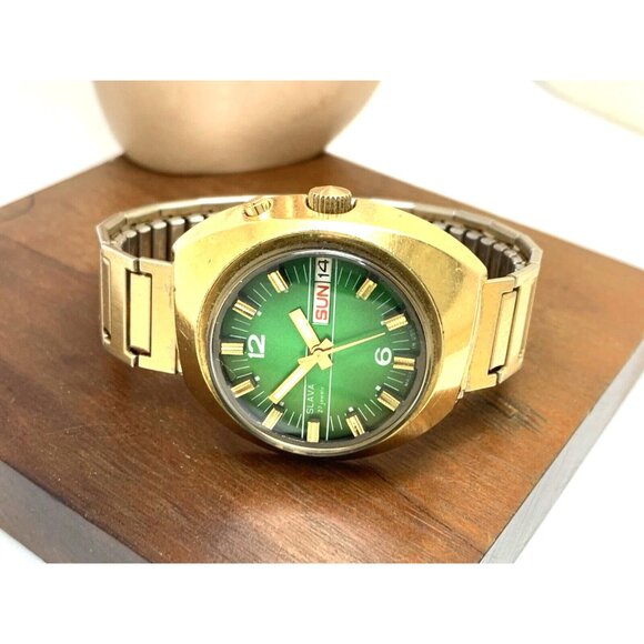 Slava Men's Watch Vintage USSR Automatic Green Dial Day Date Gold Steel 41mm - Picture 7 of 13